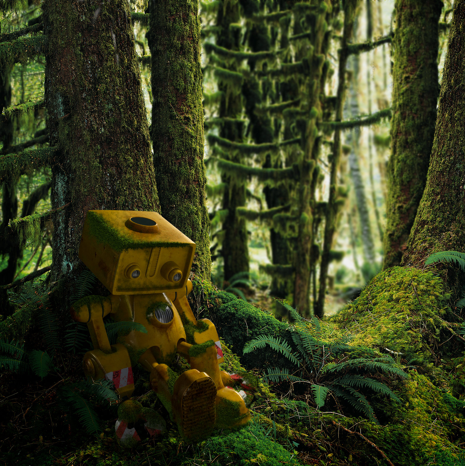 robot jaune perdu dans une foret