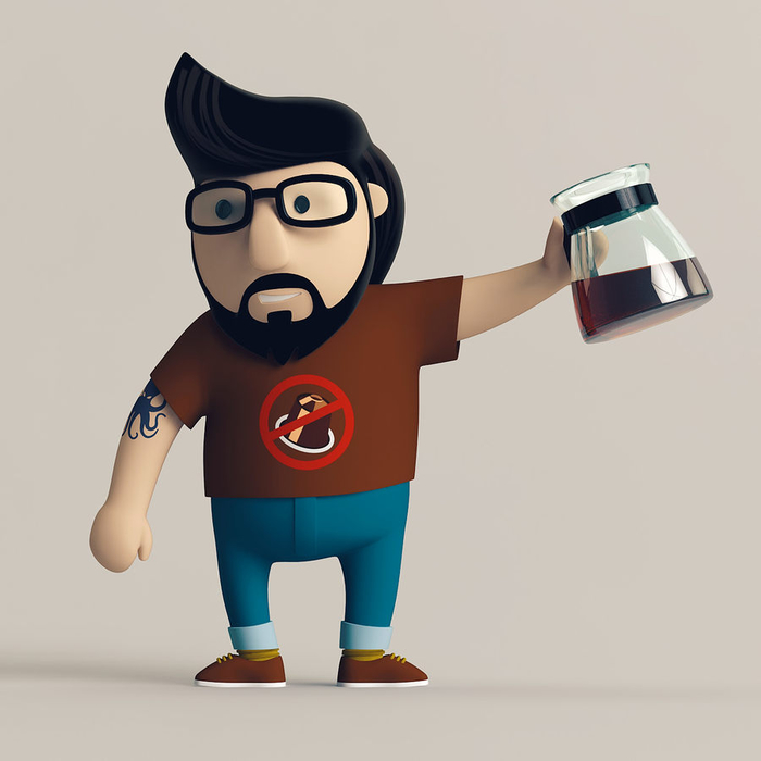personnage qui brandit une cruche de café 3D